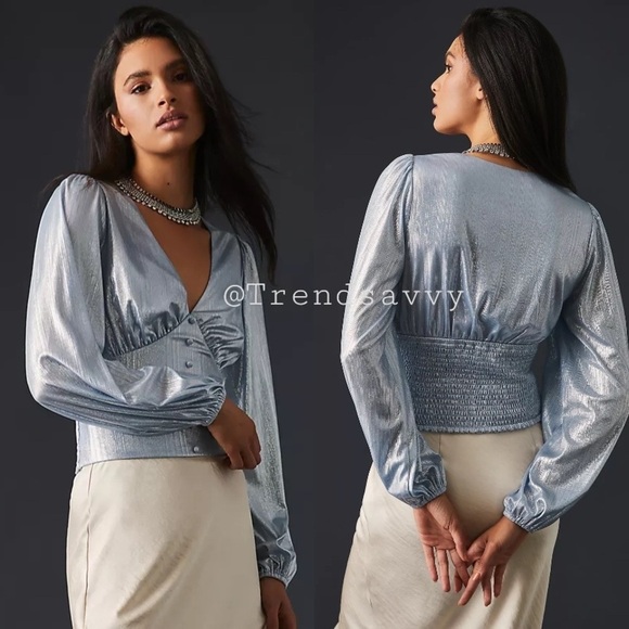 Anthropologie Tops - ANTHROPOLOGIE Shine Smocked V-neck Blouse Top Blue Size M NWT